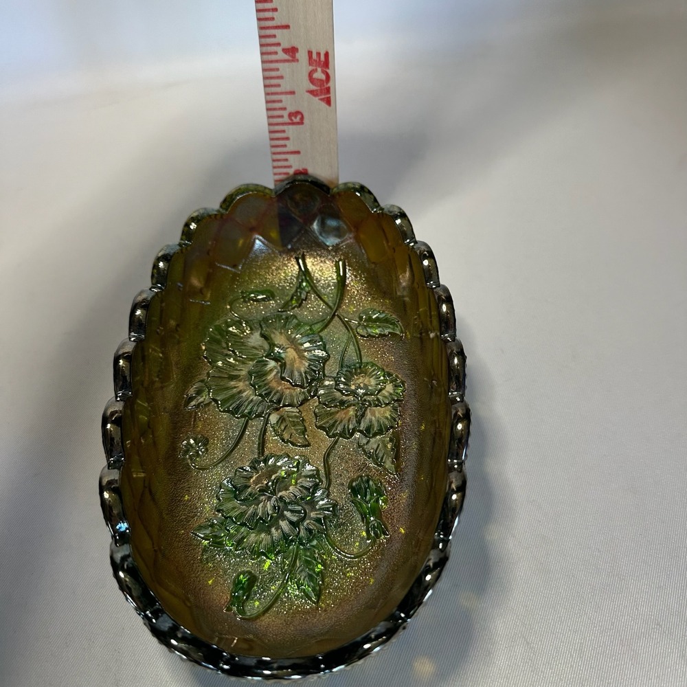 Vintage Imperial Carnival Glass Green Floral Pansy Oval Footed Bowl Serving Dish - Picture 7 of 7